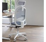 Fauteuil de bureau ergonomique NODI, tissu et maille, avec accoudoirs 3D et appui-tête, mécanisme synchrone, pieds blancs