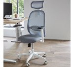 Fauteuil de bureau ergonomique NODI, tissu et maille, avec accoudoirs 3D et appui-tête, mécanisme synchrone, pieds blancs