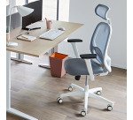 Fauteuil de bureau ergonomique NODI, tissu et maille, avec accoudoirs 3D et appui-tête, mécanisme synchrone, pieds blancs