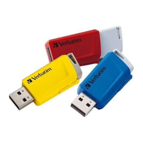 Pack de 3 memorias retráctiles USB-A Store 'n' Click de Verbatim 16 GB, en rojo, azul y amarillo