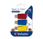 Pack de 3 clés USB 3.0 Verbatim Store 'n' Click rétractables rouge / bleu / jaune 16 Go