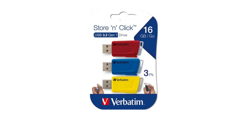 Verbatim pack de 3 clés USB Store 'n' Click rétractables 16 Go Usb 3.2 (USB-A) couleur assortie