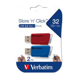 Pack de 2 memorias retráctiles USB 3.0 Store 'n' Click de Verbatim, color rojo y azul, 32 GB