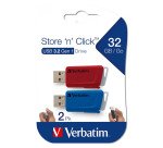 Pack de 2 clés USB 3.0 Verbatim Store 'n' Click rétractables rouge / bleu 32 Go