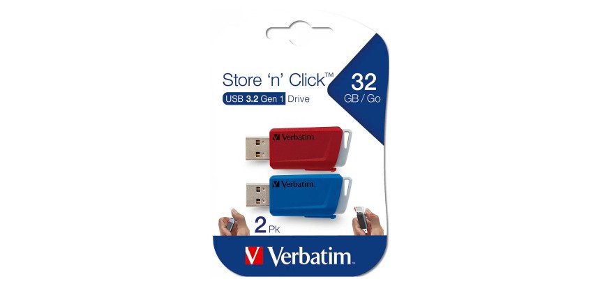 Pack de 2 clés USB 3.0 Verbatim Store 'n' Click rétractables rouge / bleu 32 Go