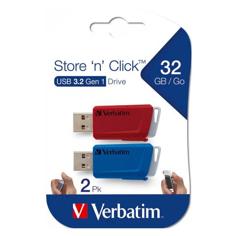 Pack de 2 memorias retráctiles USB 3.0 Store 'n' Click de Verbatim, color rojo y azul, 32 GB