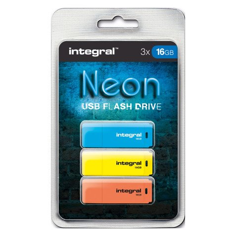 Pack von 3 USB-Sticks 2.0 Integral INFD16GBNEONBLYLOR blau / gelb / orange 16 GB