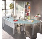 Bureau droit plateau en verre aigue-marine L 160 x P 80 cm, piétement métal droit - Next
