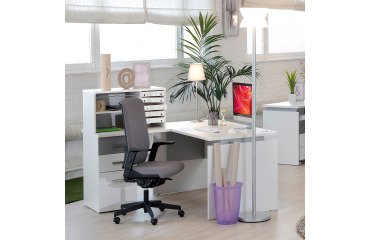 Scrivania lineare con angolare e cassettiera 3 cassetti integrati bianco struttura bianca posizionabile a destra o sinistra