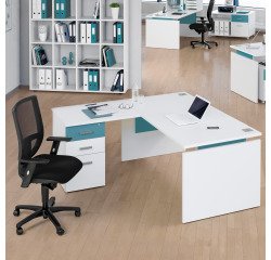 Scrivania lineare con angolare e cassettiera 3 cassetti integrati bianco struttura bianca posizionabile a destra o sinistra