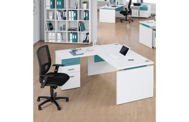 Scrivania lineare con angolare e cassettiera 3 cassetti integrati bianco struttura bianca posizionabile a destra o sinistra