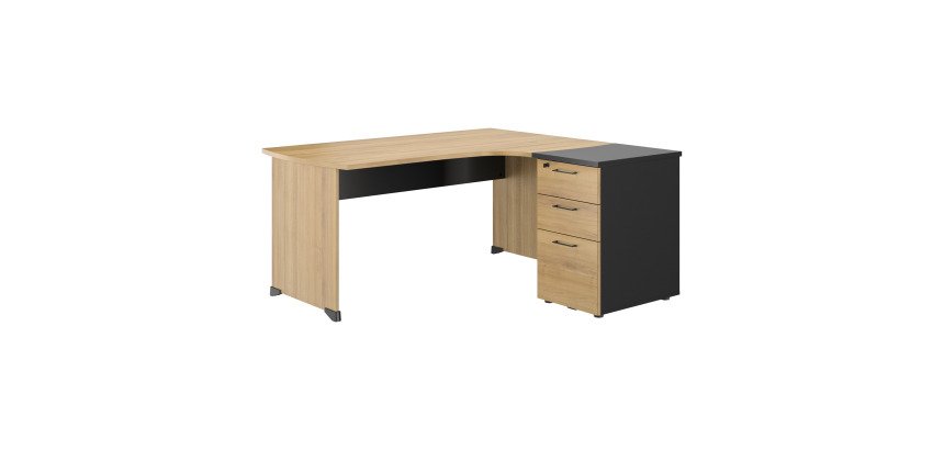 Bureau d'angle L 160 x P 150 cm avec retour sur caisson hauteur de bureau 3 tiroirs Quarta Plus