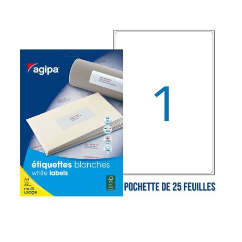 Etiquette adhésive Agipa 119620 blanche 199,6 x 289,1 mm multi-usage - Pochette de 25