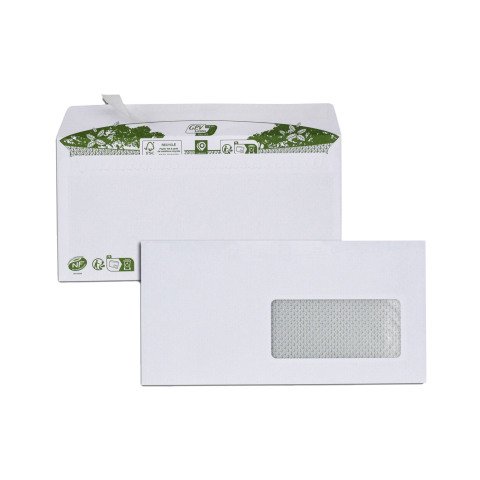 Sobre reciclado 110 x 220 mm ERA PURE GPV 80 g con ventana 45 x 100 blanca - Caja de 200