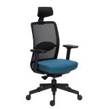 Chaise de bureau ERGO MOOV' tissu bleu et maille, soutien lombaire rembourré, appui-tête, accoudoirs, mécanisme synchrone avec réglage profondeur d'assise