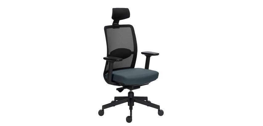 Chaise de bureau ERGO MOOV' tissu non feu, soutien lombaire rembourré, appui-tête, accoudoirs, mécanisme synchrone avec réglage profondeur d'assise
