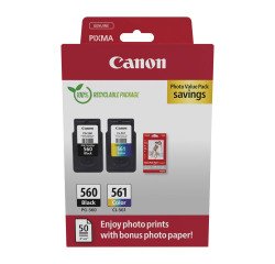 Pack 2 cartouches Canon PG-560 CL-561 noire et couleurs + 1 paquet de papier photo 10 x 15 cm
