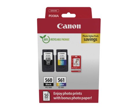 Pack 2 cartouches Canon PG-560 CL-561 noire et couleurs + 1 paquet de papier photo 10 x 15 cm