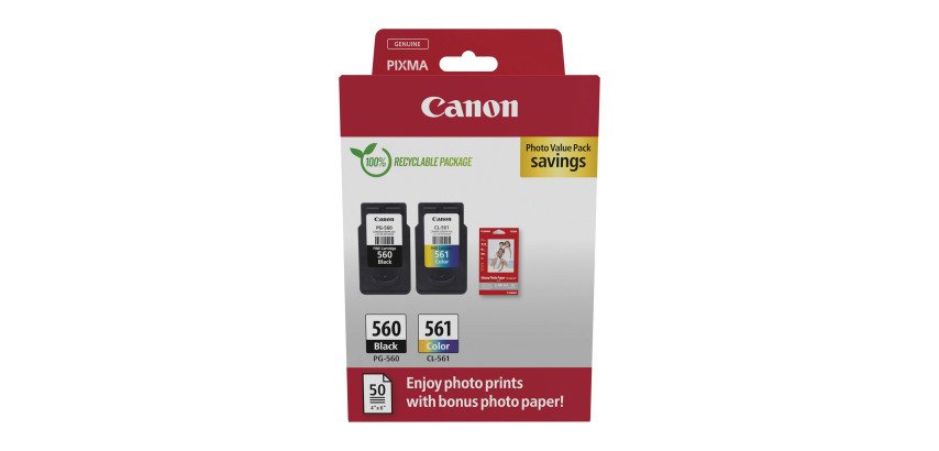 Pack 4 cartouches Canon PG-650XL CL-561XL noire et couleurs + 1 pquet de papier photo 10 x 15 cm