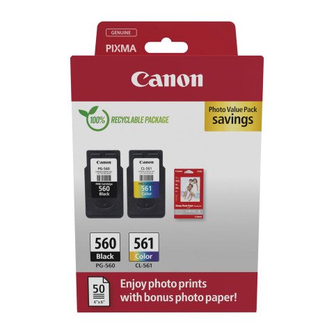 Canon PG-560 CL-561 Pack cartuchos originales negro + tricolor + papel foto 10x15 cm