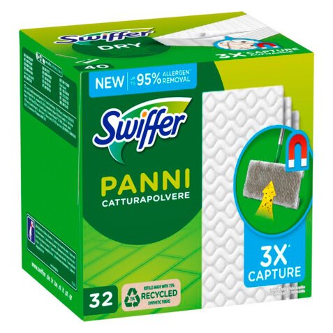 Panni cattura polvere Swiffer Dry 3X -75% di fibra sintetica riciclata - 32 unità