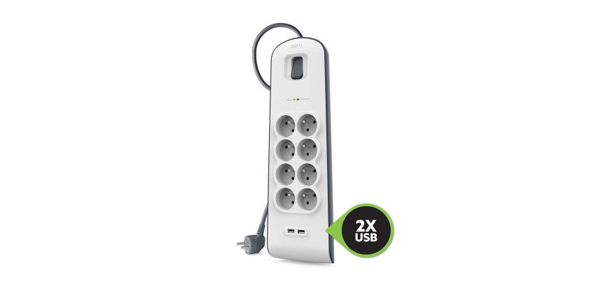 Multiprise parafoudre 8 prises + 2 USB A blanche Belkin