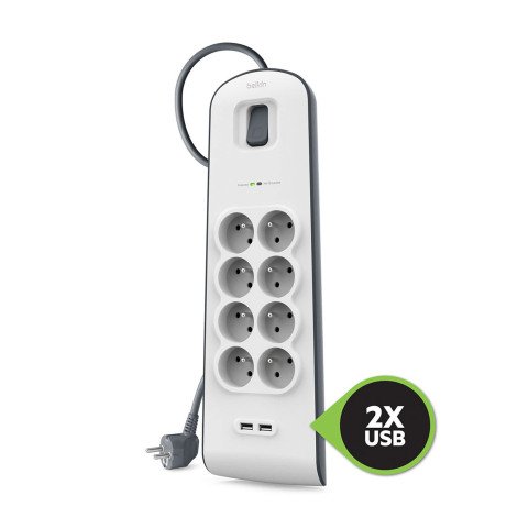 Regleta de protección contra sobretensiones 8 tomas + 2 USB A, blanco, Belkin