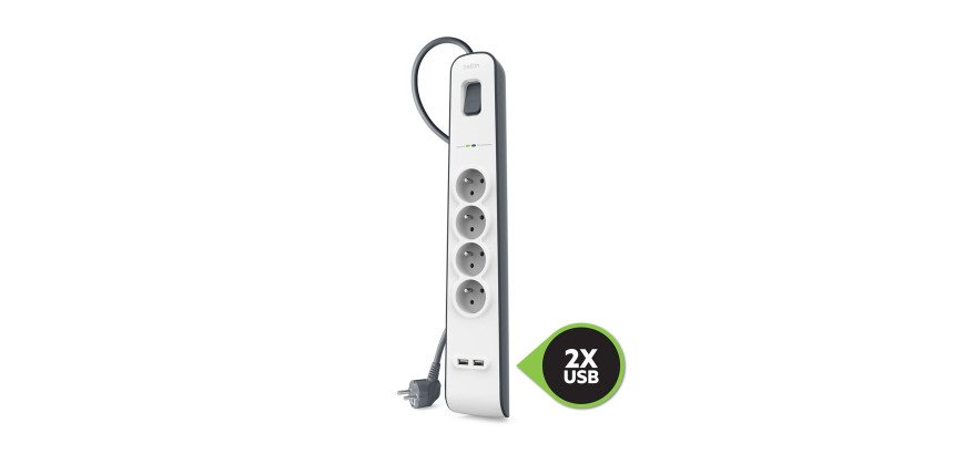 Multiprise parafoudre 4 prises + 2 USB A  blanche Belkin