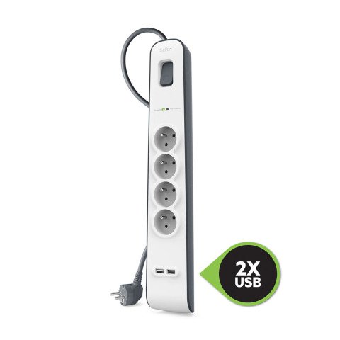Regleta protectora contra sobretensiones 4 tomas + 2 USB A blanca Belkin