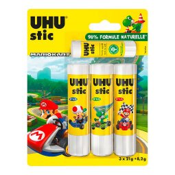 Pack van 3 lijmstiften 21 g+ 1 lijmstift UHU 8 g gratis Licence Mario Kart