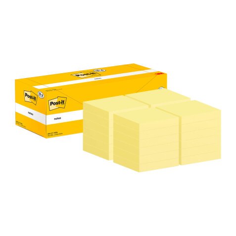 Pack 18 notes repositionnables jaune Post-it 76 x 76 mm - bloc de 100 feuilles + 6 offertes