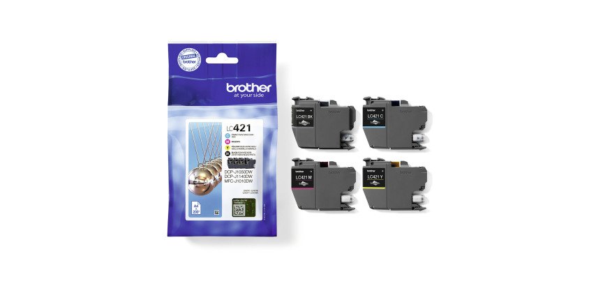 Brother Pack 4 LC421 Tintenpatronen - 1 Schwarz + 3 Farben für Tintenstrahldrucker