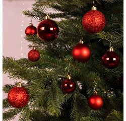 Boules de Noël - boîte de 30 boules rouges - assortiment tailles et décors