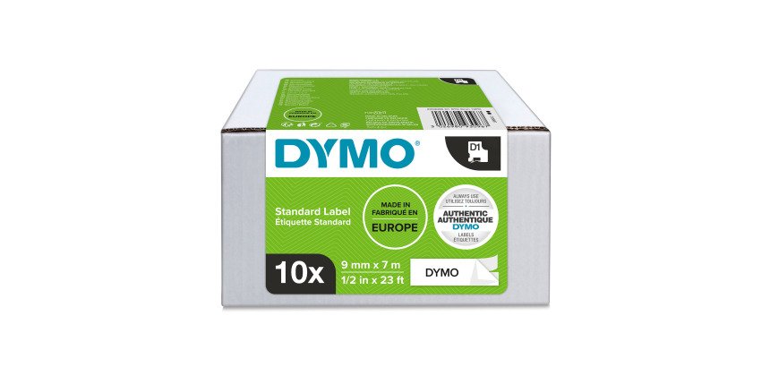Dymo 2093096 - Nastro standard D1, 9 mm x 7 m, Nero su Bianco - value pack 10 pezzi