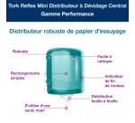 Distributeur pour bobine d'essuyage à dévidage central Tork M4 Maxi Reflex blanc-bleu