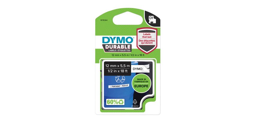 Dymo 1978364 D1 Durable Etichette Dymo permanenti in cartuccia, Nero su bianco, 12 mm x 5,5 m