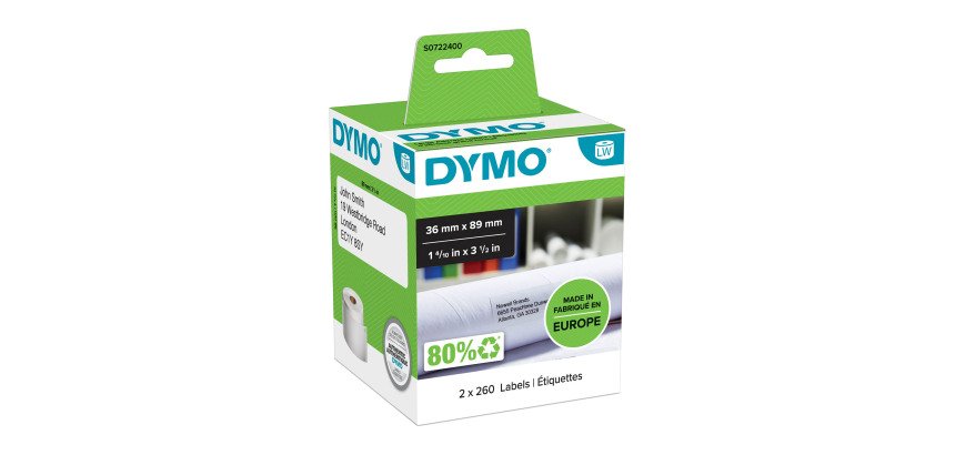 DYMO LW Address Labels 99012 Authentic Black on White Self Adhesive 36 mm x 89 mm 2 rolls of 260 Labels