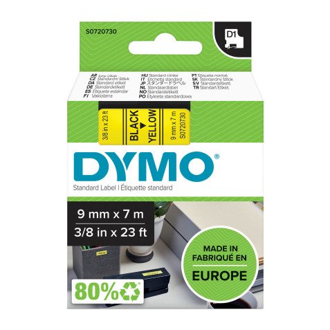 Dymo D1 S0720730 / 40918 Authentic Label Tape Self Adhesive Black Print on Yellow 9 mm x 7m