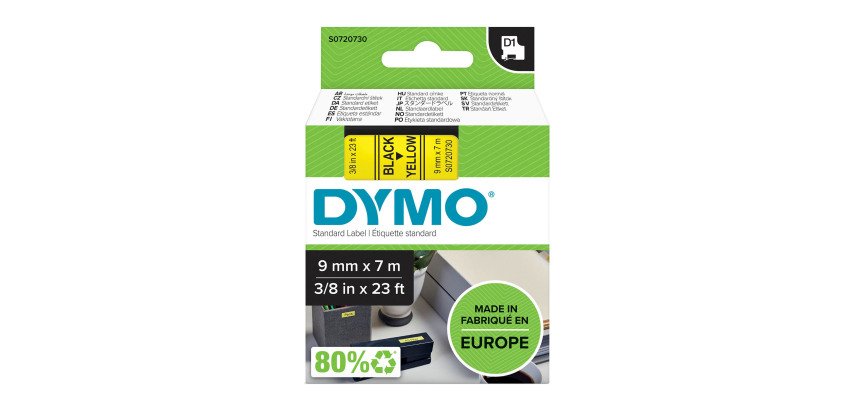 Dymo D1 S0720730 / 40918 Authentic Label Tape Self Adhesive Black Print on Yellow 9 mm x 7m
