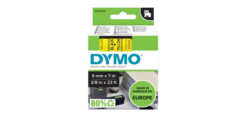 DYMO S0720730 Nastro Standard D1, 9 mm x 7 m, Nero su Giallo