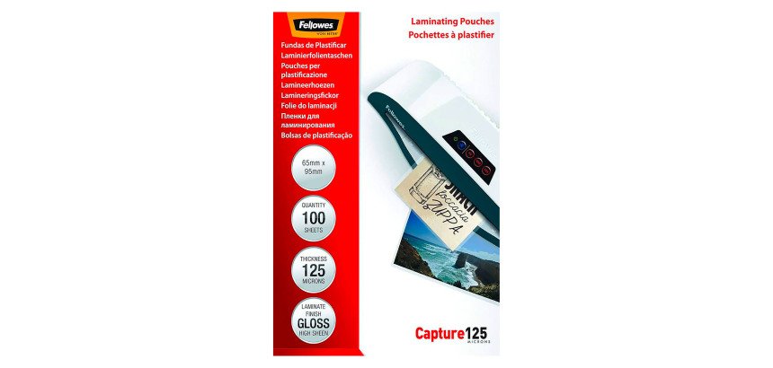 Paquete de 100 fundas de plastificación térmica  65 x 95 (NIF) 125 micras Fellowes Glossy