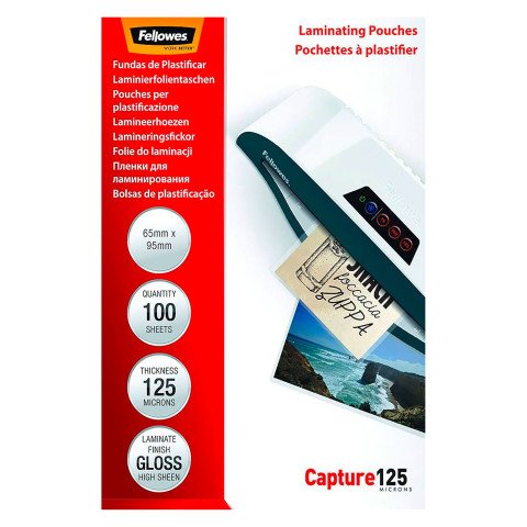 Paquete de 100 fundas de plastificación térmica 65 x 95 (NIF) 125 micras Fellowes Glossy