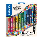 Marqueur permanent Pilot Twin double pointe - Pochette de 10 couleurs assorties
