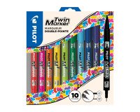 Marqueur permanent Pilot Twin double pointe - Pochette de 10 couleurs assorties