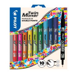 Marqueur permanent Pilot Twin double pointe - Pochette de 10 couleurs assorties