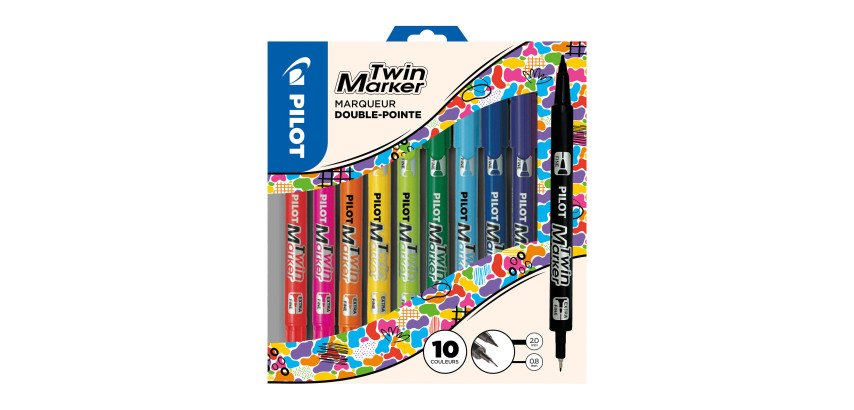 Marqueur permanent Pilot Twin double pointe - Pochette de 10 couleurs assorties