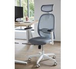 Fauteuil de bureau ergonomique NODI, tissu et maille, avec accoudoirs 3D et appui-tête, mécanisme synchrone, pieds blancs
