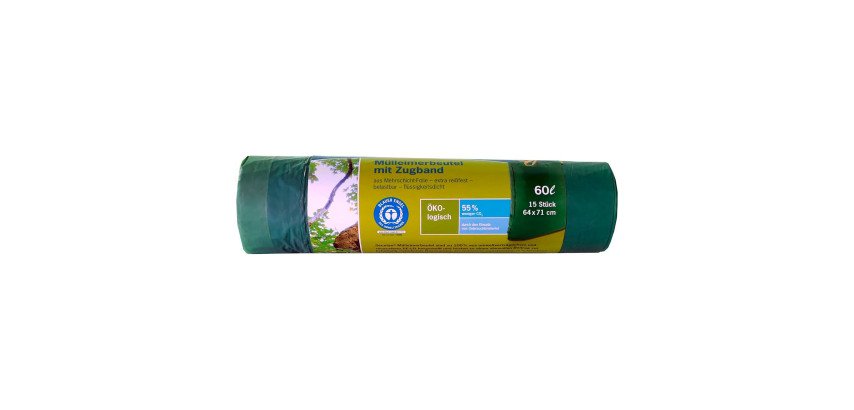 Sac poubelle à liens coulissants, 60 litres, vert