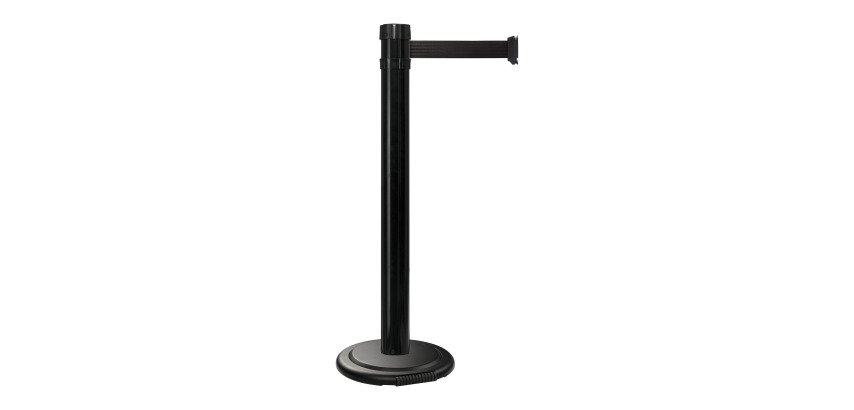 Poteau à sangle noir base nomade à roulettes avec sangle de 4 m, noire