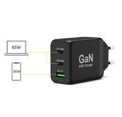 Cargador de pared adaptador GaN 65W USB-C y USB-A PUERTO + cable de 2 m incluido